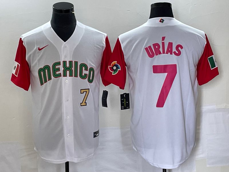 Men 2023 World Cub Mexico 7 Urias White pink Nike MLB Jersey23